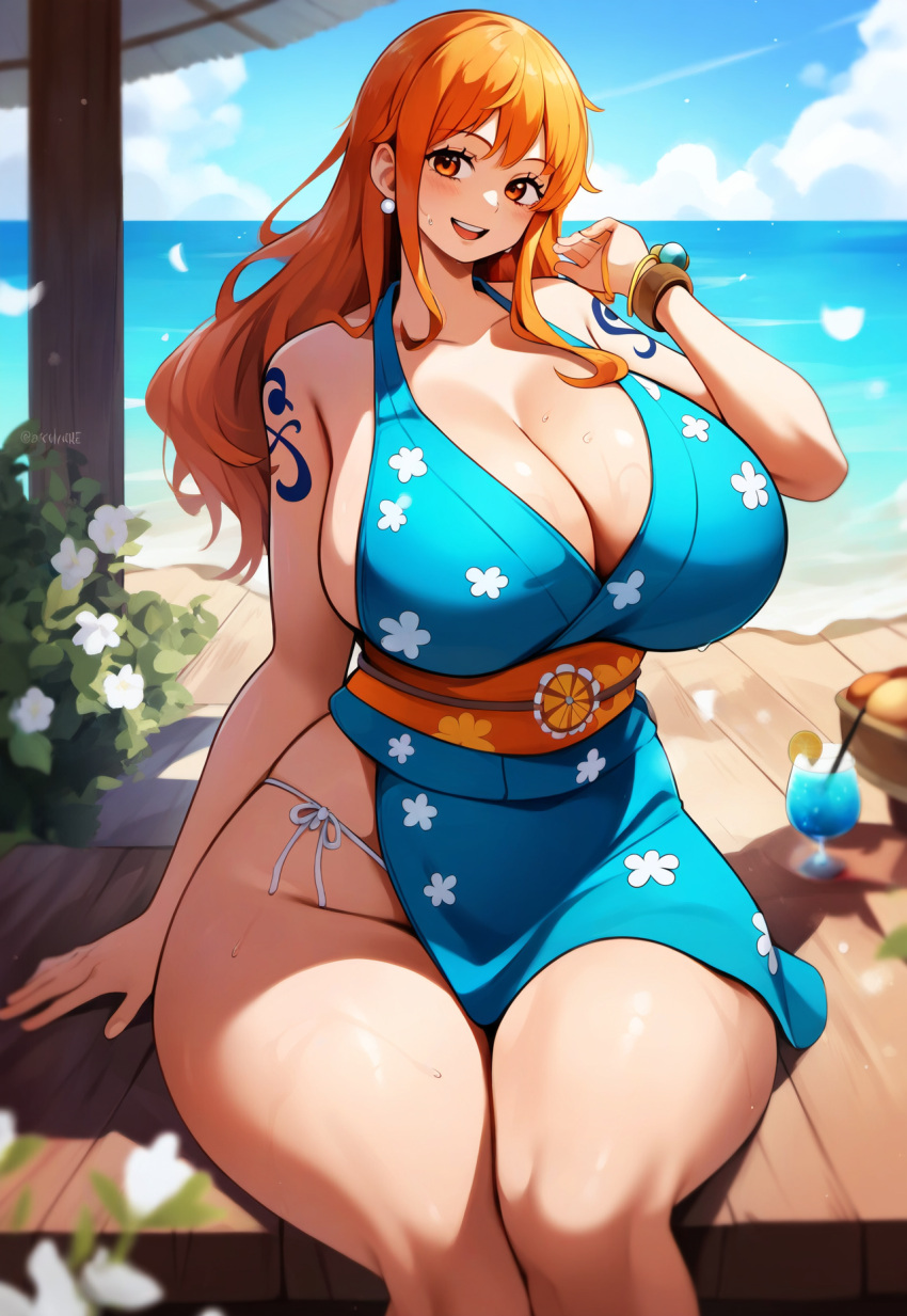 ai_due ai_generated breasts brown_eyes cleavage female female_focus female_only huge_breasts large_breasts long_hair nami nami_(one_piece) one_piece orange_hair post-timeskip solo thick_thighs thighs