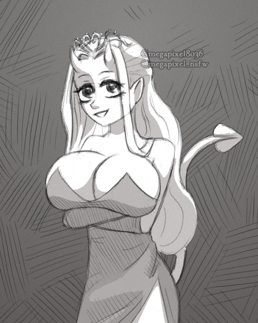 alternate_breast_size big_breasts black_and_white breast_lift crossed_arms dress horns looking_at_viewer princess_(slay_the_princess) skindentation slay_the_princess succubus tight_clothing tight_dress