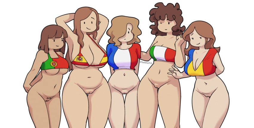 5girls bottomless breasts countryhumans countryhumans_girl female france_(countryhumans) french_flag italian_flag italy_(countryhumans) nebularts portugal_(countryhumans) portuguese_flag pussy romania_(countryhumans) romanian_flag spain_(countryhumans) spanish_flag tagme