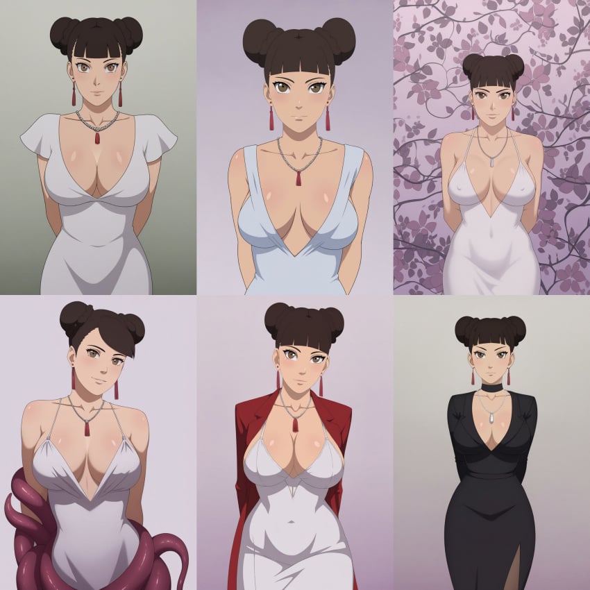 ai_generated arms_behind_back big_breasts boruto:_naruto_next_generations brown_eyes brown_hair civitai collage dress elegant_dress hair_bun large_breasts multiple_views naruto naruto_(series) tenten