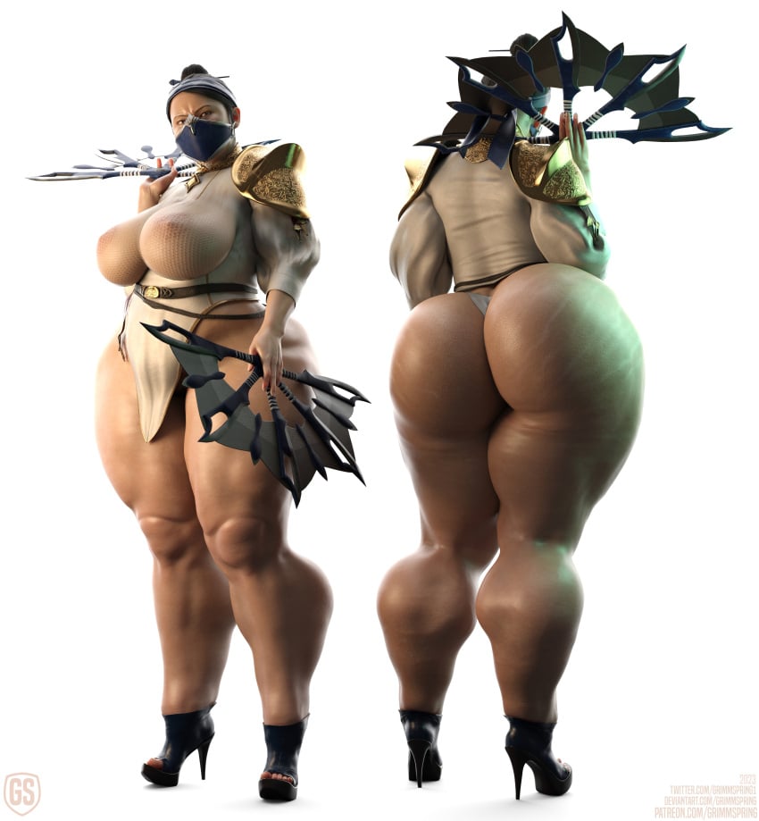 1girls 3d ass back_view big_ass big_breasts breasts facemask fans fat_ass female female_only front_view grimmspring high_heels kitana kitana_(mk11) mortal_kombat mortal_kombat_11 nipples overweight overweight_female platform_heels solo stretch_marks thick_thighs