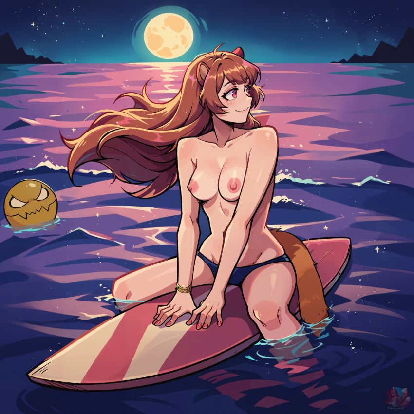 1girls ai_generated animal_ears anime_nose beach bikini bombalurina_ai brown_hair female female_only humanoid jewelry long_hair medium_breasts monster moon nail_polish night nipples no_visible_genitalia outside partially_submerged pink_eyes racoon_ears racoon_girl racoon_tail raphtalia solo stable_diffusion straddling surfboard swimsuit topless_female water wet wind