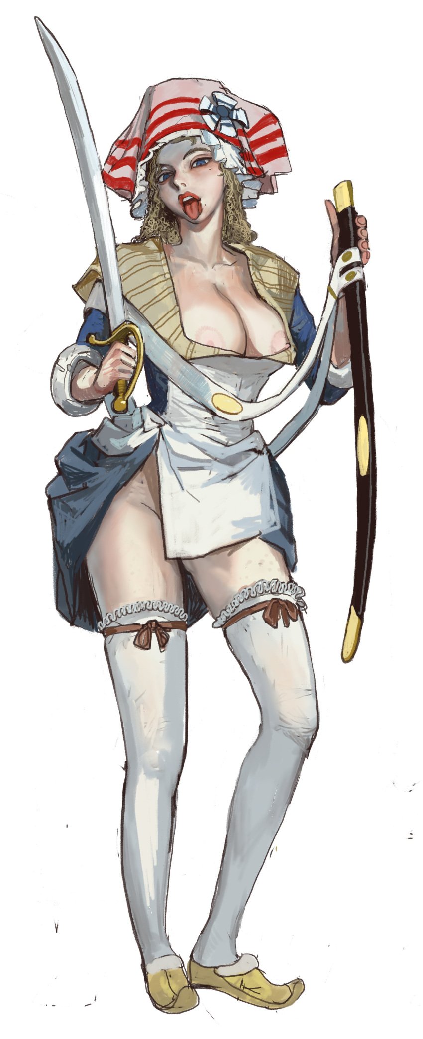 1girls blonde_hair cleavage curly_hair dress french french_female historical large_breasts mossa nipple_slip no_panties standing sword tongue_out white_background