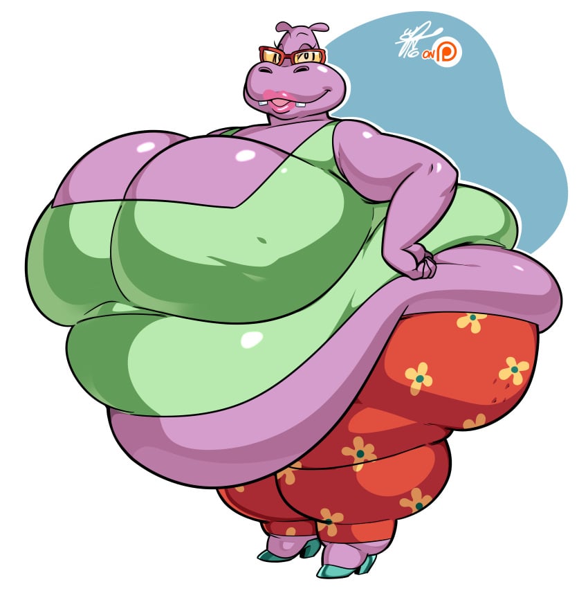 1girls absurd_res anthro artist_signature bbw big_ass big_breasts borisgrim414 clothed_female female_anthro gladys_hippo hand_on_hip high_heels highres hippopotamus hippopotamus_humanoid hyper_ass hyper_breasts large_belly looking_at_viewer nickelodeon nipple_bulge nipple_outline nipples_visible_through_clothing pink_lipstick plump plump_belly rocko's_modern_life smiling thicc thick_thighs thunder_thighs wide_hips