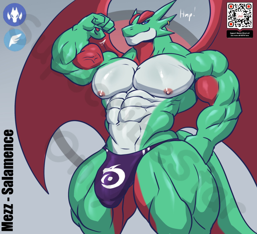 abs anthro areola biceps biped countershade_face countershade_torso countershading fingers flexing generation_3_pokemon green_body hi_res male masterelrest muscular muscular_anthro muscular_male nintendo nipples pecs pokemon pokemon_(species) qr_code salamence scalie solo tail wings