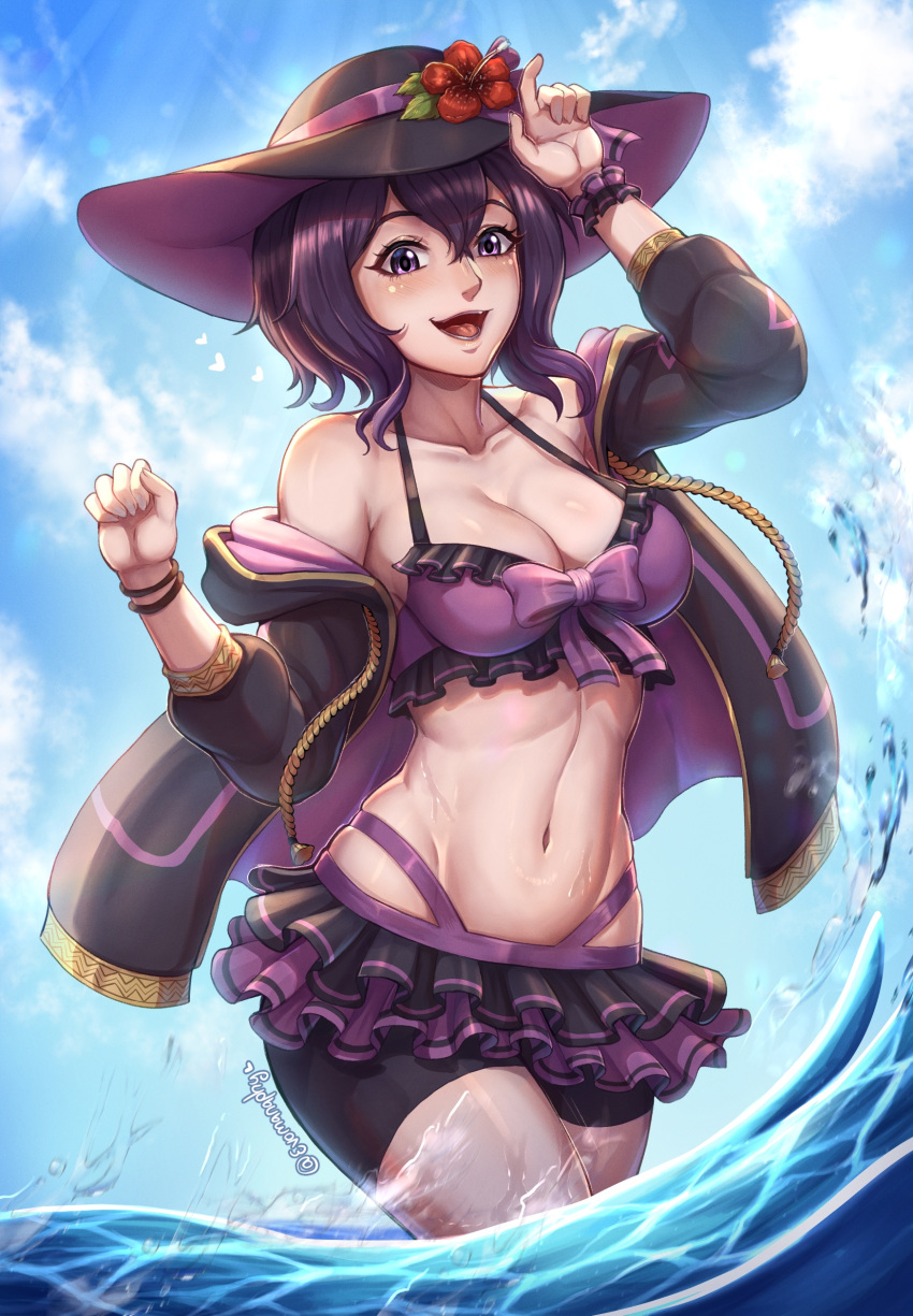 1girls alternate_costume beach bikini black_hair cleavage evomanaphy fire_emblem fire_emblem_awakening looking_at_viewer medium_breasts morgan_(fire_emblem) morgan_(fire_emblem)_(female) nintendo purple_bikini purple_eyes purple_swimsuit swimsuit