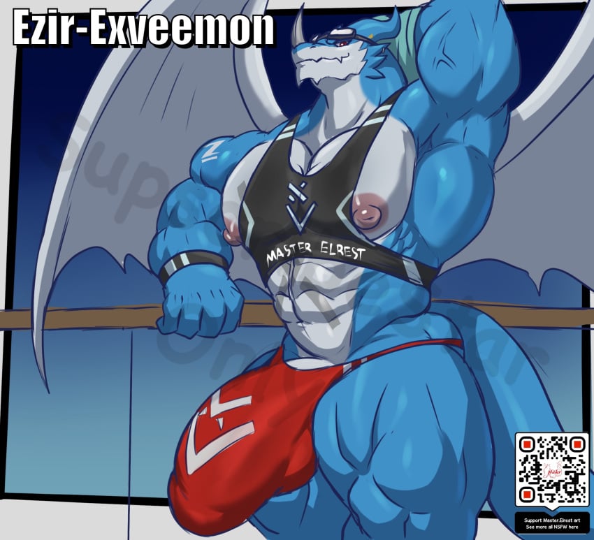 abs anthro areola bandai_namco biped blue_body bulge countershade_face countershade_torso countershading digimon digimon_(species) exveemon fingers hi_res huge_bulge male masterelrest muscular muscular_anthro muscular_male nipples pecs qr_code scalie solo tail wings