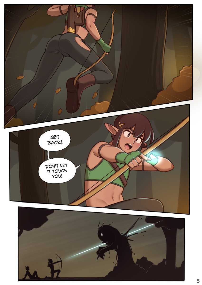 bow_(weapon) brown_hair comic comic_page dialogue dross elf elf_male fantasy femboy fully_clothed leo_(dross) male male_only original speech_bubble tagme tallia_(dross)