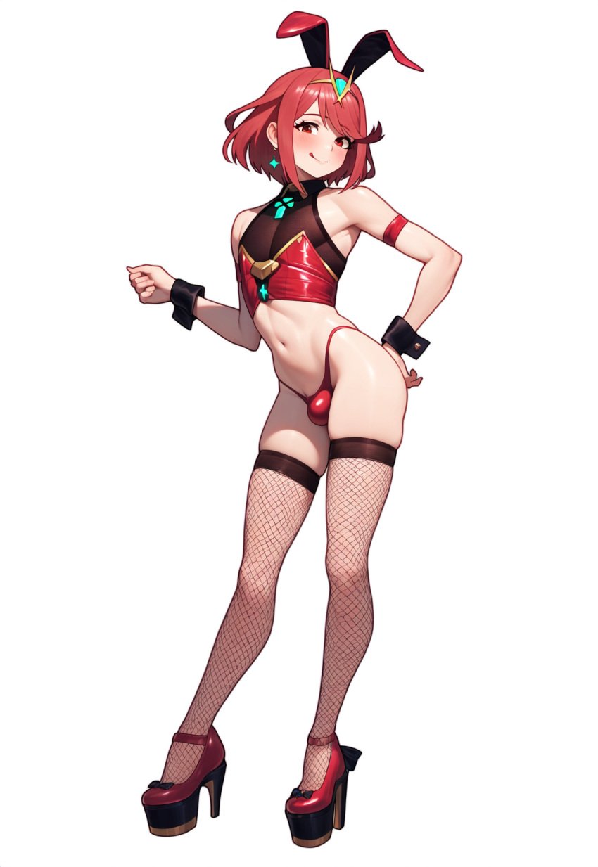 1boy ai_generated alternate_costume eyeshadow femboy fishnet_thighhighs fishnets genderswap_(ftm) high_heels lipstick makeup otoko_no_ko platform_footwear pyra pyra_(xenoblade) rabbit_ears revealing_clothes robofun rule_63 sissy trap xenoblade_(series) xenoblade_chronicles_2