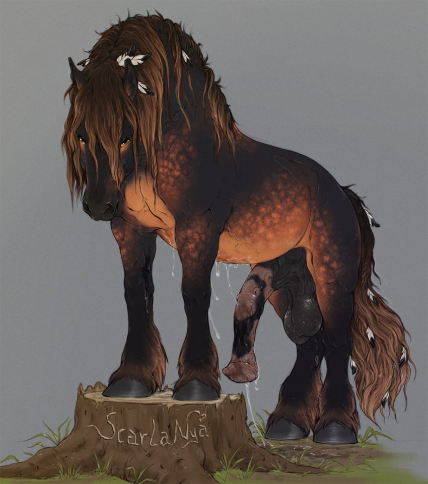 anatomically_correct anatomically_correct_genitalia anatomically_correct_penis animal_genitalia animal_penis balls big_balls big_penis bodily_fluids brown_body brown_fur brown_mane draft_horse dripping equid equine equine_genitalia equine_penis erection feathering feral freckled_balls freckles fur genital_fluids genitals grass hair hi_res hooves horse looking_at_viewer male male_feral mammal mane medial_ring mottled mottled_genitalia mottled_penis noz_orlok outside penis plant precum precum_drip precum_on_belly precum_on_ground precum_on_penis precum_on_self quadruped saggy_balls scarlanya sheath simple_background solo tail tree_stump unguligrade vein veiny_penis yellow_eyes