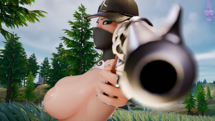 3d aiming_at_viewer biz_(fortnite) blender fortnite hat haziest_mirage large_breasts looking_at_viewer mask orange_hair topless