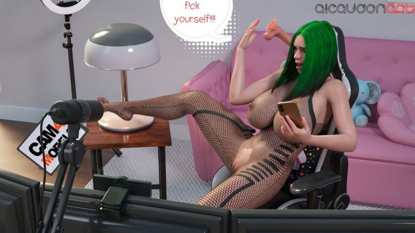 3d alcaudonart areolae big_breasts billie_eilish blue_eyes bodysuit breasts busty dialogue female female_focus female_only fishnet_clothing fishnets green_hair hourglass_figure large_breasts long_hair nipples see-through see-through_clothing sitting speech_bubble streaming tagme wide_hips