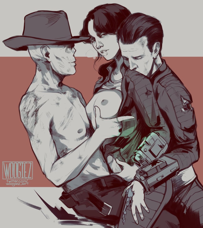 1girls 2boys breasts cooper_howard cowboy exposed_breasts fallout fallout_(series) fallout_(tv_series) ghoul ghoul_(fallout) jumpsuit lucy_maclean post-human shirtless shirtless_male sketch synth threesome woogiez