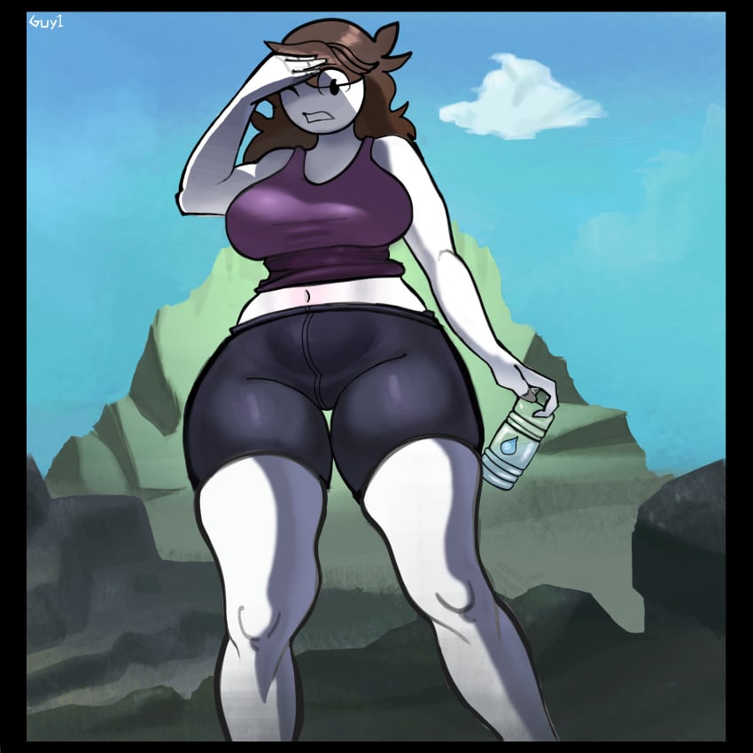 background big_breasts bike_shorts black_shorts clothing guy2-1 jaiden jaiden_animations jaidenanimations landscape landscape_background looking_at_viewer painting_(artwork) shorts spats thick_thighs thighs tired_expression wide_hips youtube