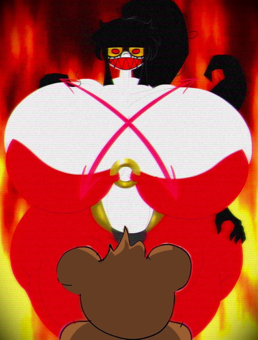1boy 1girls black_hair black_hands breasts breasts_bigger_than_head creepy creepy_smile edit edited female fire fire_background hand_on_hip hips hips_wider_than_shoulders huge_breasts huge_hips imminent_sex inminent_sex long_black_hair long_hair looking_at_viewer male male/female needlemouse_(series) nightmare_fuel nightmare_waifu oc ponytail red_eyes red_sclera red_teeth sarah_henderson_(epitaph_form) sarah_henderson_(needlemouse) shantae_(cosplay) sharp_teeth silhouette_flames silhouetteflame smile smiling smiling_at_viewer tasteofchoklit_(edit) vhs_filter white_body white_skin x_breasts