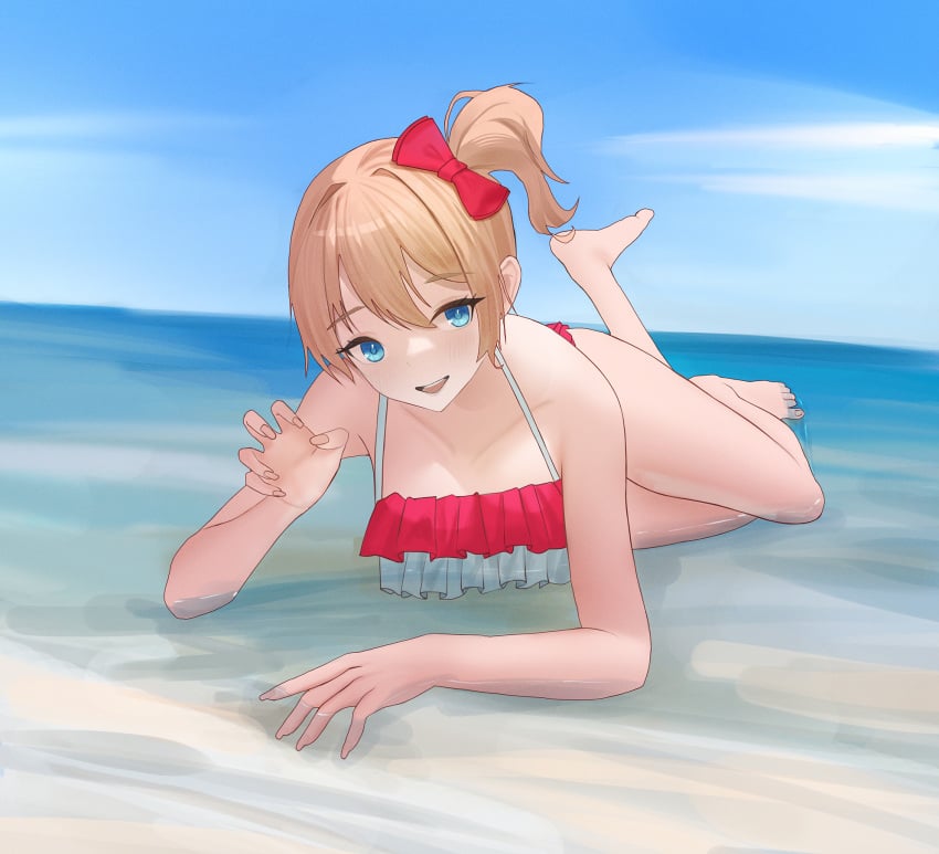 1female 1girls 5_fingers aris4rt blue_eyes bow doki_doki_literature_club female hair_bow hairbow sayori_(doki_doki_literature_club) swimwear