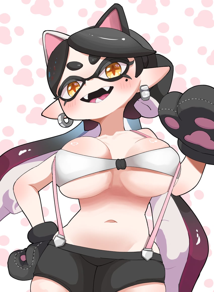 1girls barely_contained big_breasts black_hair breasts breasts_squeezed_together callie_(splatoon) cat_ears cat_gloves catgirl covered_nipples fake_animal_ears fangs female female_only hand_on_hip inkling_girl multicolored_hair navel nintendo open_mouth owariritumi paw_gloves paws purple_hair shorts solo splatoon suspenders tentacle_hair tubetop two-tone_hair yellow_eyes