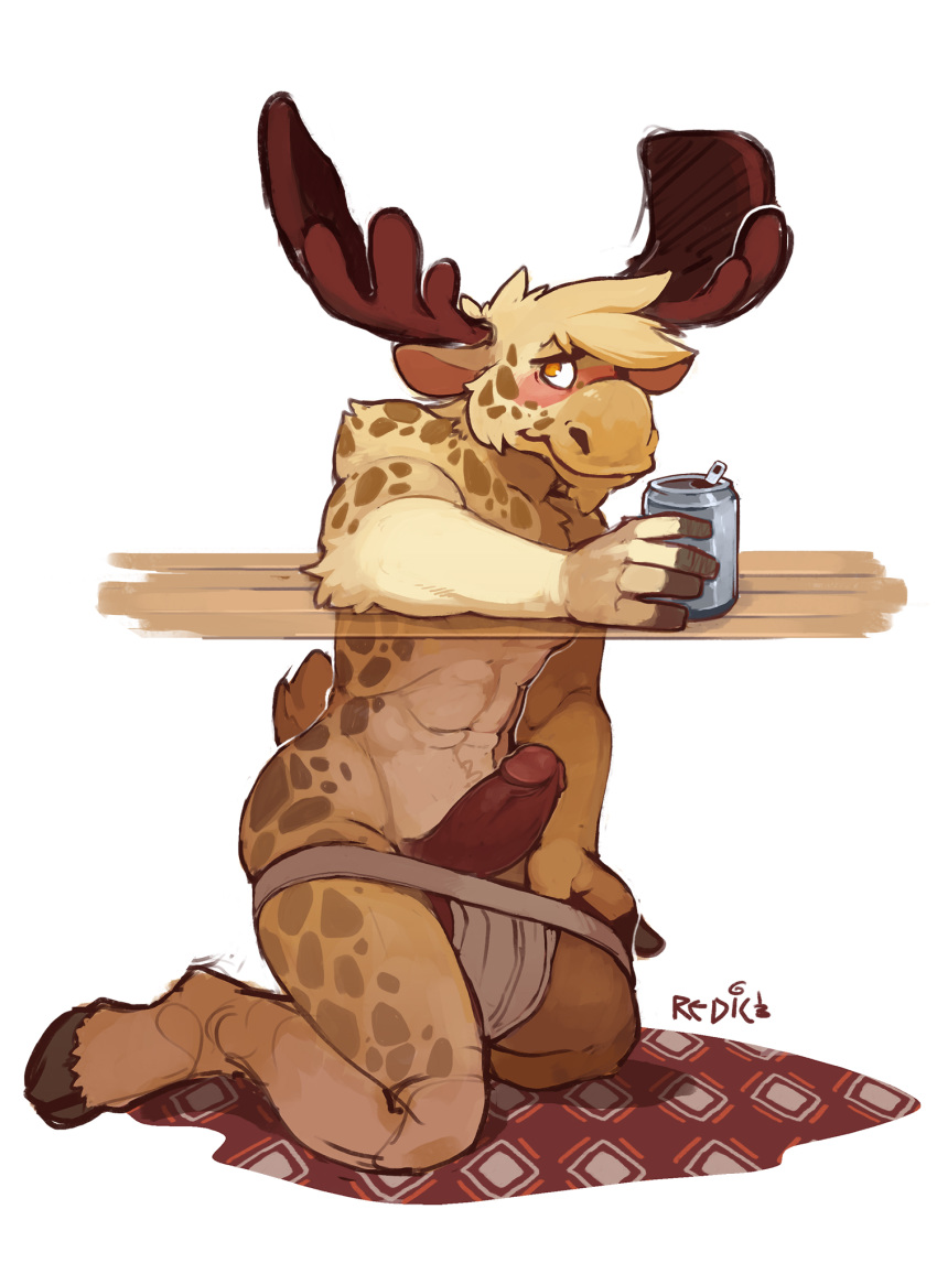 alcohol anthro antlers beer beverage blush cervine chest_tuft drunk food furry furry_only giraffe goose head_fluff hooves horn huge_cock hybrid jockstrap male male_only moose neck_fluff pancake penis plain_background redic-nomad solo underwear white_background