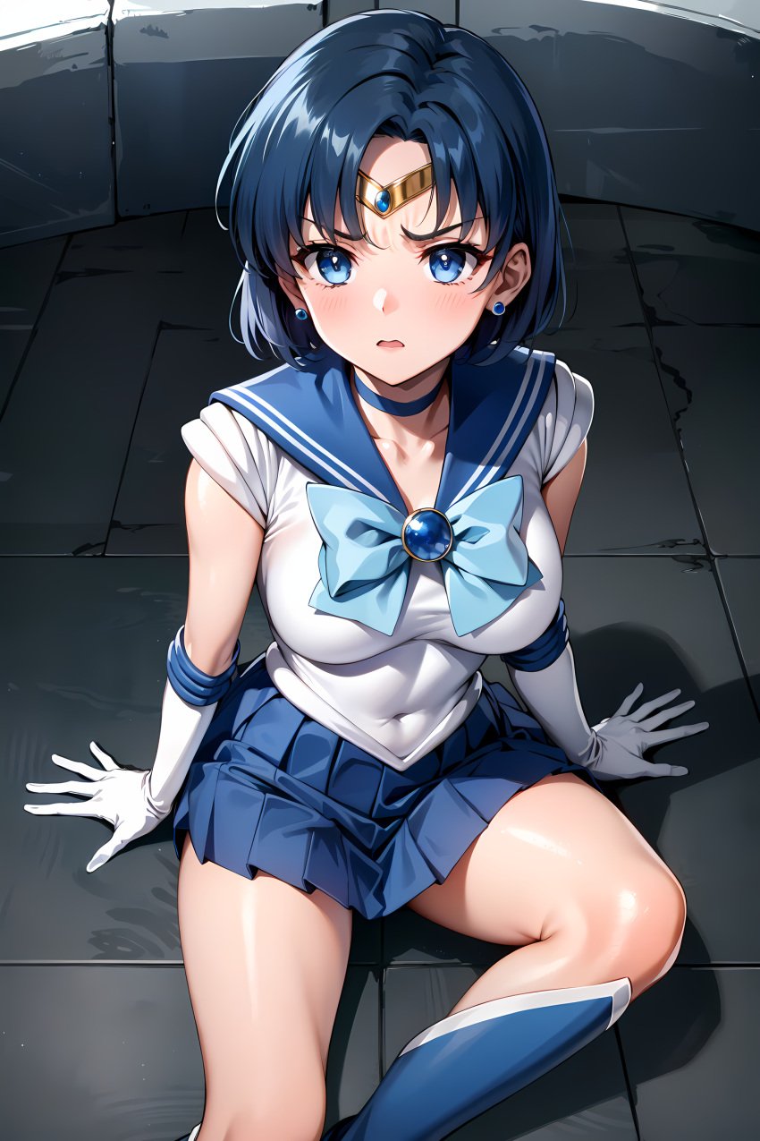 1female 1girls ai_generated ami_mizuno belly belly_button big_breasts bishoujo_senshi_sailor_moon breasts clothing female female_only hi_res highres indoors light-skinned_female light_skin looking_at_viewer medium_breasts sailor_mercury skirt solo solo_focus very_high_resolution