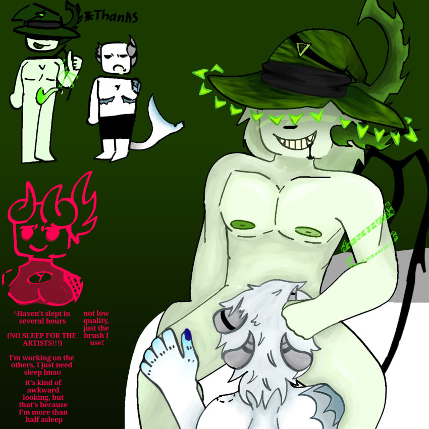 2boys b.zuka_(phighting) blowjob darkheart_(phighting) drool fangs hand_on_horn hand_on_thigh hidden_eyes horns male_only missing_arm nude one_wing phighting roblox sfoth_deity_(phighting) tail top_surgery_scars white_hair white_skin witch_hat zuka_(phighting)