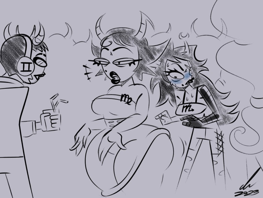 alien alien_humanoid angry annoyed annoyed_expression ass ass braid braided_hair braids bumped clothed clothed_female club_bumped colored_skin fangs female harassment homestuck homestuck_troll horn horns humanoid humanoid_alien kanaya_maryam large_ass long_hair long_hair_female meenah_peixes monochrome partially_colored pierump princess public royal royalty short_hair short_hair_male sketch sollux_captor suggestive the_condesce troll vampire vriska_serket yuri yuri