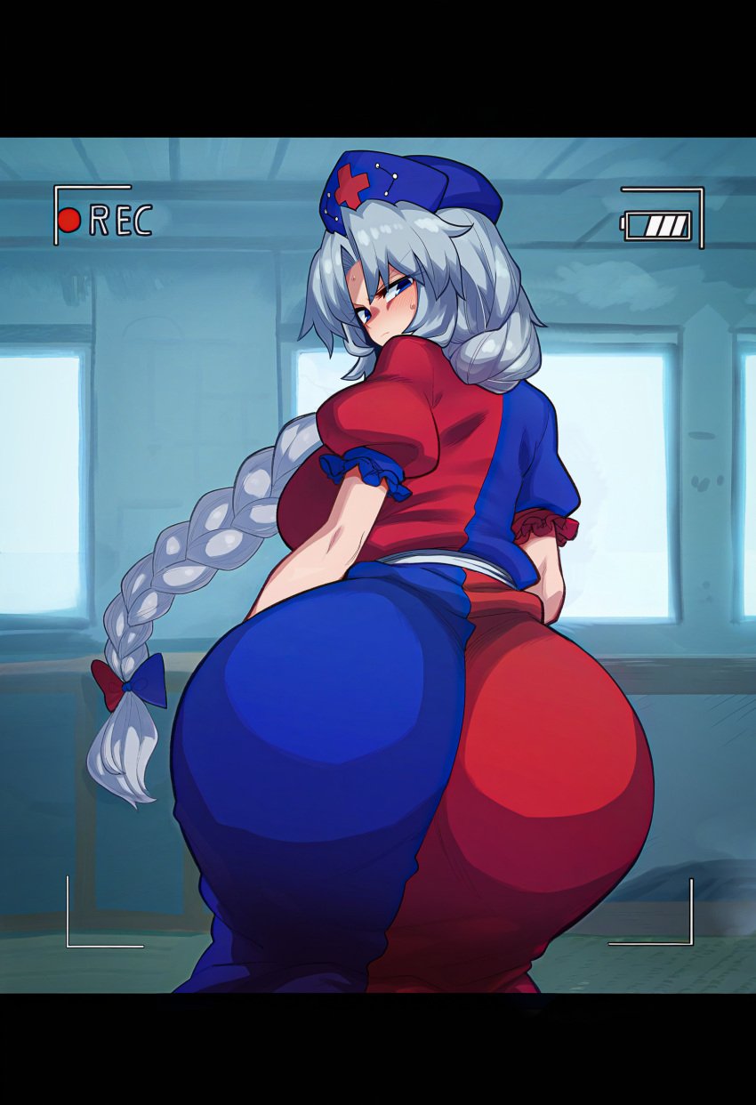 1girls 2d ai_generated ass ass_focus back_view big_ass big_breasts blue_eyes blush braid braided_hair breasts dat_ass dress eirin_yagokoro embarrassed female hat heavenly_ass hips huge_ass indoors large_ass long_hair long_skirt looking_at_viewer looking_back looking_back_at_viewer puffy_short_sleeves recording shy sideboob silver_hair skirt smakiel solo source standing sweat tied_hair touhou white_hair wide_hips