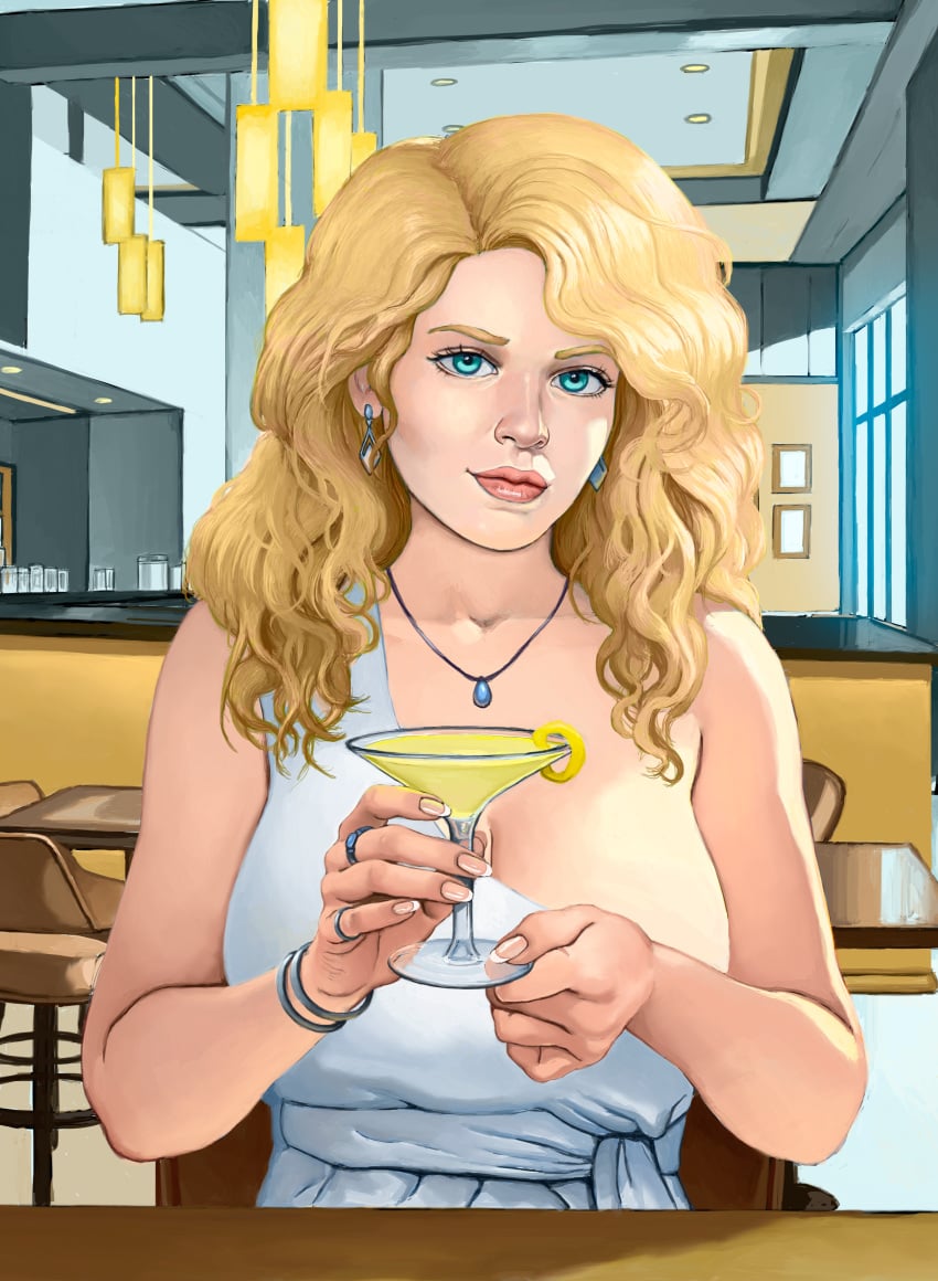 blonde_hair blue_eyes cleavage clothed cocktail huge_breasts jewelry light-skinned_female original realistic sophia_vandyke wavy_hair wazu-san