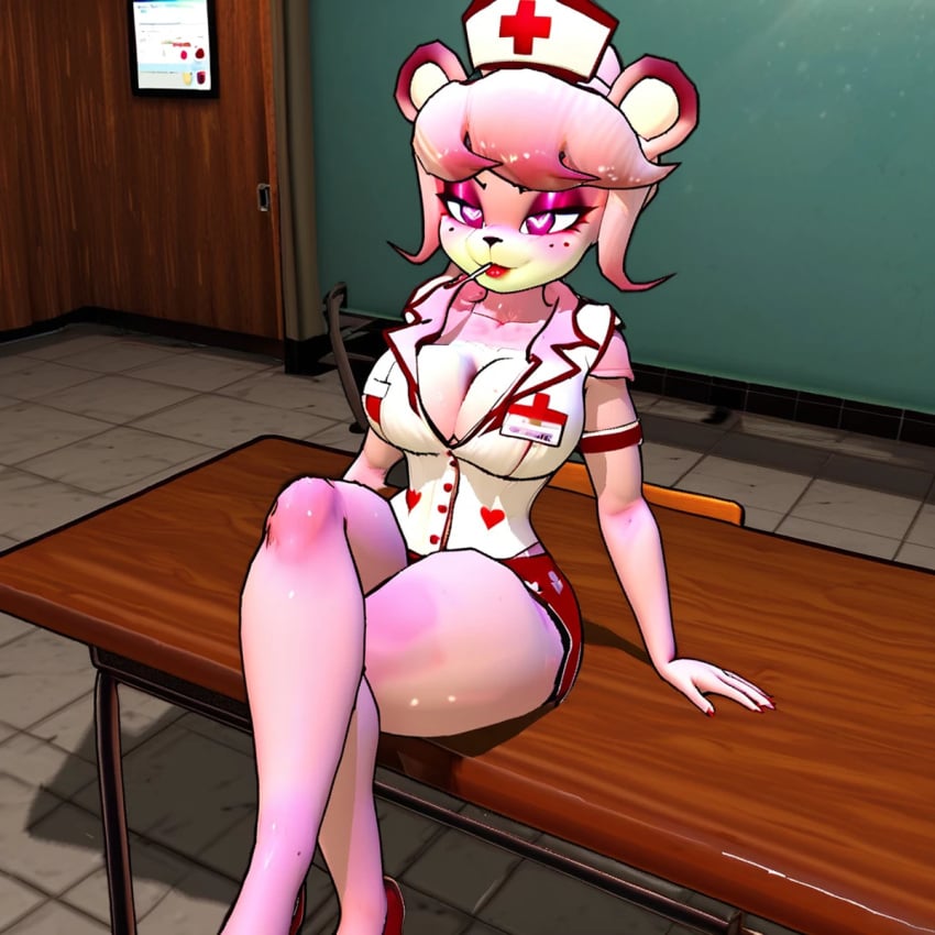 3d ai_generated bear_ears bear_girl candy_in_mouth cleavage crossed_legs fazclaire's_nightclub five_nights_at_freddy's fnaf freddy_(cally3d) fredina's_nightclub fredina_(cally3d) frenni_(cryptia) frenni_fazclaire heart-shaped_pupils lollipop nurse nurse_clothing pink_fur pink_hair purple_eyes purple_eyeshadow reskin scottgames sitting_on_table solo_anthro solo_female thick_thighs