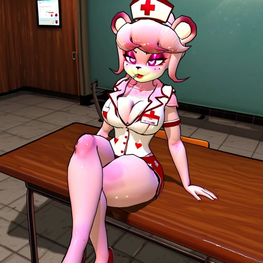 3d ai_generated bear_ears bear_girl candy_in_mouth cleavage crossed_legs fazclaire&#039;s_nightclub five_nights_at_freddy&#039;s fnaf freddy_(cally3d) freddy_(fnaf) fredina&#039;s_nightclub fredina_(cally3d) frenni_(cryptia) frenni_fazclaire heart-shaped_pupils lollipop nurse nurse_clothing pink_fur pink_hair purple_eyes purple_eyeshadow reskin scottgames sitting_on_table solo_anthro solo_female thick_thighs