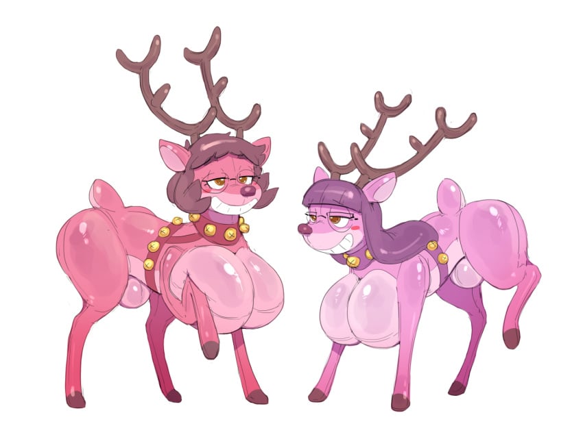 2023 4:3 animate_inanimate antlers bell big_breasts breasts brown_hair bulge busty_feral deer digital_media_(artwork) duo eyewear feral feral_only glasses gynomorph hair hi_res horn inflatable intersex living_inflatable mammal new_world_deer permagrin pink_body quadruped reindeer simple_background smile subakitsu white_background