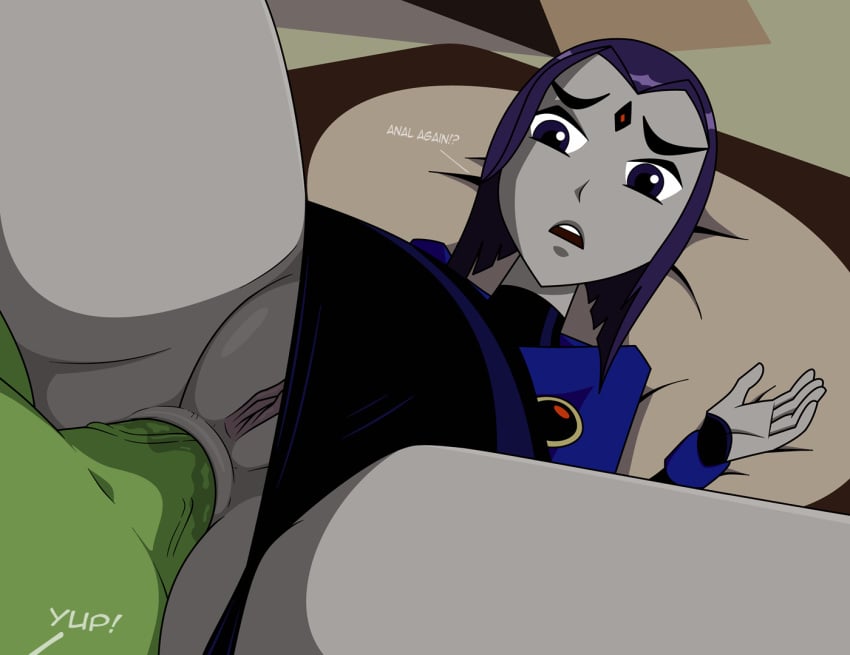 accurate_art_style anal anal_sex beast_boy cape dc_comics green_skin grey_skin highres leotard leotard_aside male male/female open_mouth pillow pov purple_eyes purple_hair pussy rachel_roth randomrandom raven_(dc) sex short_hair straight teen_titans top-down_bottom-up