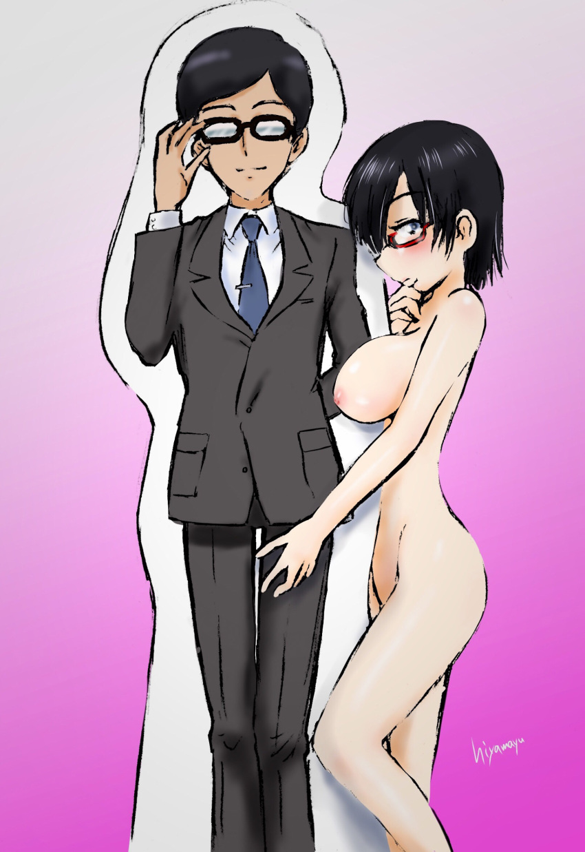 1boy black_hair blush breasts female genderswap_(mtf) girls_und_panzer glasses groin large_breasts nipples nude rule_63 tsuji_renta