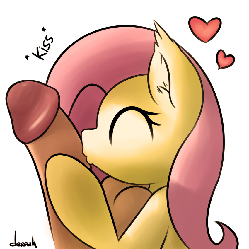 2014 balls closed_eyes cute derpah equine female feral fluttershy_(mlp) friendship_is_magic fur hair heart high_resolution horse kissing my_little_pony penis penis_kiss pink_hair plain_background pony white_background yellow_fur