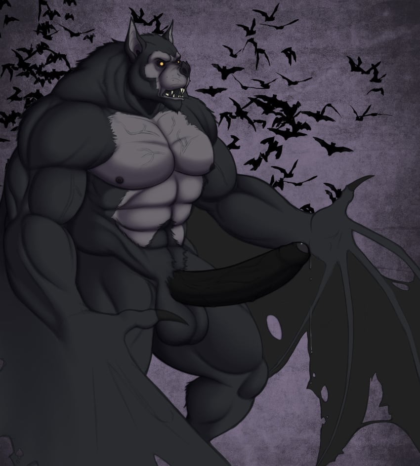 abs anthro areola balls bat biceps big_balls big_penis claws erection fangs fur furry glowing_eyes grey_fur male male_only monster muscles nipples nude penis precum pubes solo uncut vamplust vein wings