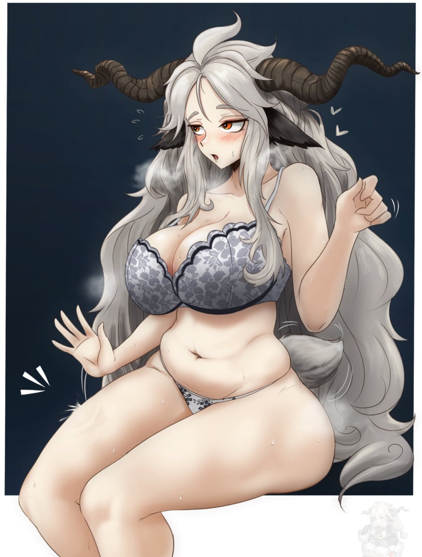 1girl animal_ears arknights bare_shoulders blush border bra breasts cleavage collarbone dokonjou_(odossan) feet_out_of_frame floral_print grey_bra grey_panties heart highres horns invisible_chair lap_pillow_invitation large_breasts long_hair looking_ahead navel open_mouth panties plump red_eyes reference_inset sheep_ears sheep_girl sheep_horns sheep_tail simple_background sitting solo stomach sweat tail thick_thighs thighs underwear underwear_only valais_(arknights) white_border white_hair