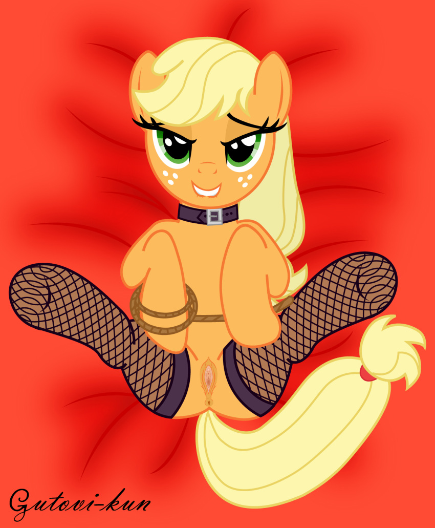 anus applejack_(mlp) blonde_hair clothing collar equine female feral fishnet freckles friendship_is_magic fur green_eyes gutovi-kun hair horse long_hair looking_at_viewer lying my_little_pony on_back open_mouth orange_fur pony pussy rope smile solo stockings