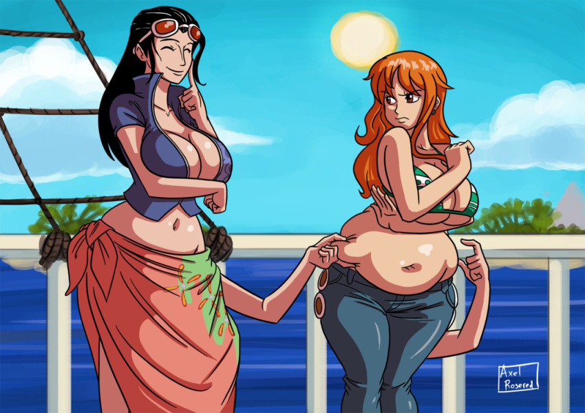 axel-rosered belly belly_pinch big_belly black_hair breasts chubby chubby_female color day fat fat_female fat_girl fat_woman female female_only front_view hair hana_hana_no_mi human jeans larger_female multiple_females nami nico_robin one_piece orange_hair outdoors overweight overweight_female post-timeskip sarong ship smile standing sun sunglasses