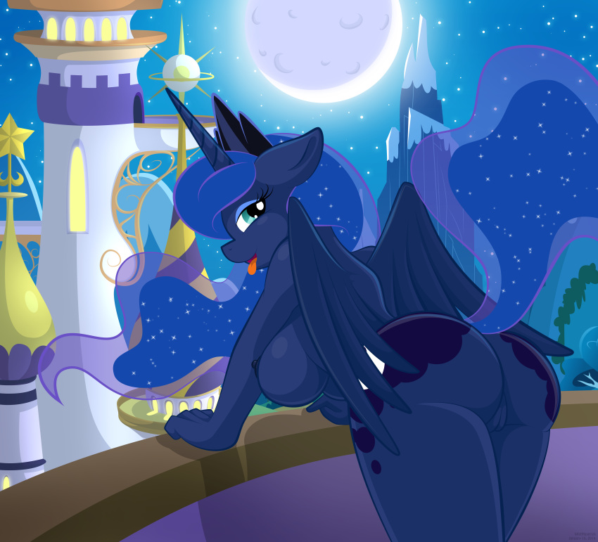 2014 alicorn anthro anthrofied ass big_ass big_breasts blue_eyes blue_feathers blue_hair blue_nipples blue_skin breasts crown cutie_mark equine feathers female friendship_is_magic glittering_hair hair high_resolution horn horse long_hair moon my_little_pony nipples open_mouth outside pony princess_luna_(mlp) pussy sky solo standing stars thighs tongue tongue_out whitmaverick wings