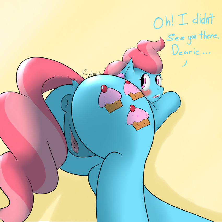 2014 anus ass blue_fur blush cup_cake_(mlp) cutie_mark dialog english_text equine female feral friendship_is_magic fur hair horse my_little_pony pink_hair pony pussy smolder_(artist) solo text two_tone_hair