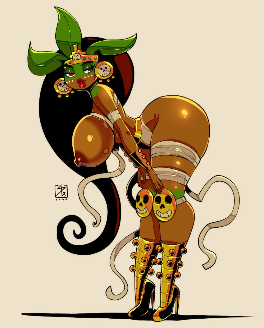 1girls 2d 2d_(artwork) 2d_artwork arched_back bent_over bimbo bimbo_body bimbo_lips black_hair body_marking body_markings dark-skinned_female dark_skin el_guapo_vs_the_narco_vampires exposed_breasts female female_only high_heels latina mexican mexican_female momia_mia pinart_sg solo thick thick_ass thick_butt thick_hair thick_hips thick_legs thick_thighs tribal tribal_clothing tribal_jewelry tribal_markings tribal_tattoo tribal_tattoos