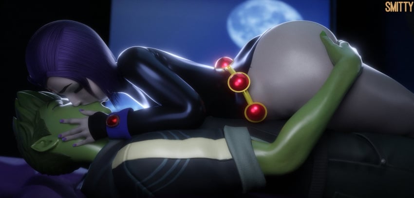 3d 3d_(artwork) 3d_model 3d_render beast_boy_(teen_titans) big_ass boy_on_bottom couple couple_(romantic) couple_love cowgirl_position deep_kiss deep_kissing full_moon green_skin grey_skin huge_ass kissing making_out massive_ass passionate_kiss purple_hair raven_(dc) smitty34 teen_titans voluptuous_female