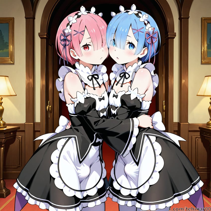 2boys ai_generated blue_eyes blue_hair bulge femboy hugging_another hugging_each_other indoors maid_headdress maid_uniform mansion pink_eyes pink_hair ram_(re:zero) re:zero_kara_hajimeru_isekai_seikatsu rem_(re:zero) roswaal_mansion_maid_uniform tagme tehmar trap twins