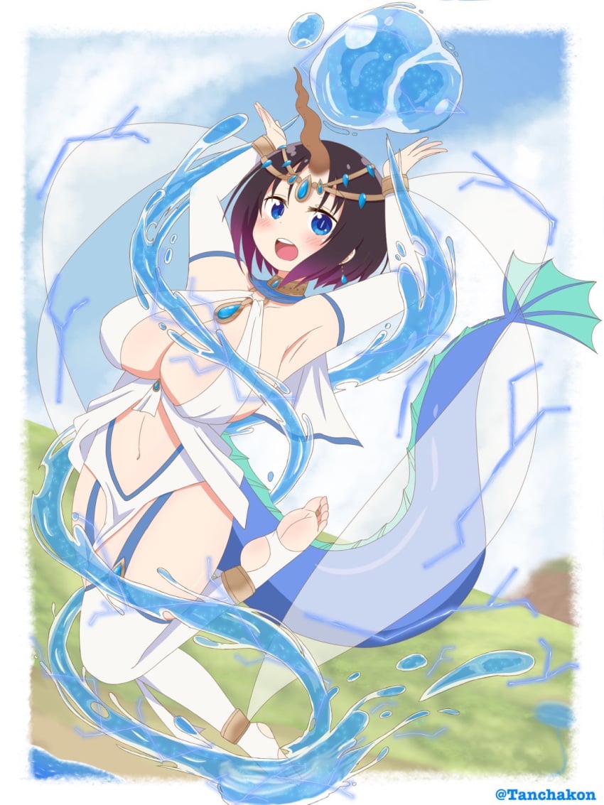1girls alternate_costume armpits blue_eyes cleavage dancer dragon_girl dragon_tail elma_(dragon_maid) feet female horn huge_breasts magic miss_kobayashi&#039;s_dragon_maid short_hair solo tagme tanchakon water