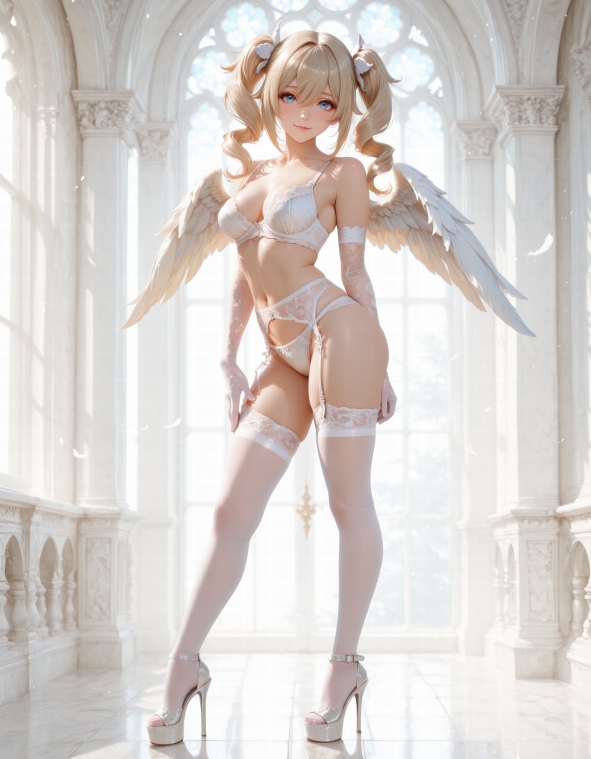 ai_generated barbara_(genshin_impact) frenzyai genshin_impact high_heels lingerie solo underwear wings