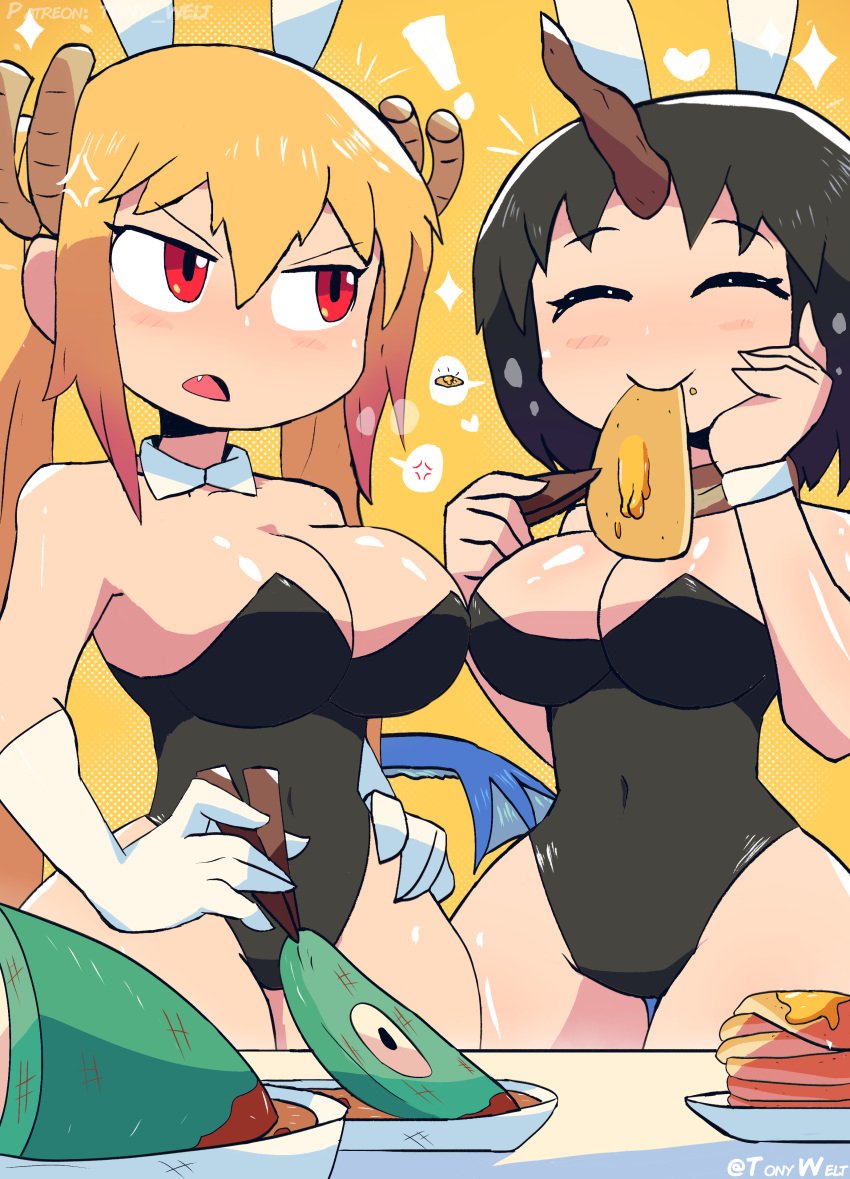 2girls black_hair blonde_hair bunnysuit dragon_girl dragon_horns dragon_tail duo eating elma_(dragon_maid) female female_only food gloves long_hair miss_kobayashi&#039;s_dragon_maid pancake red_eyes short_hair tohru_(dragon_maid) tony_welt twintails