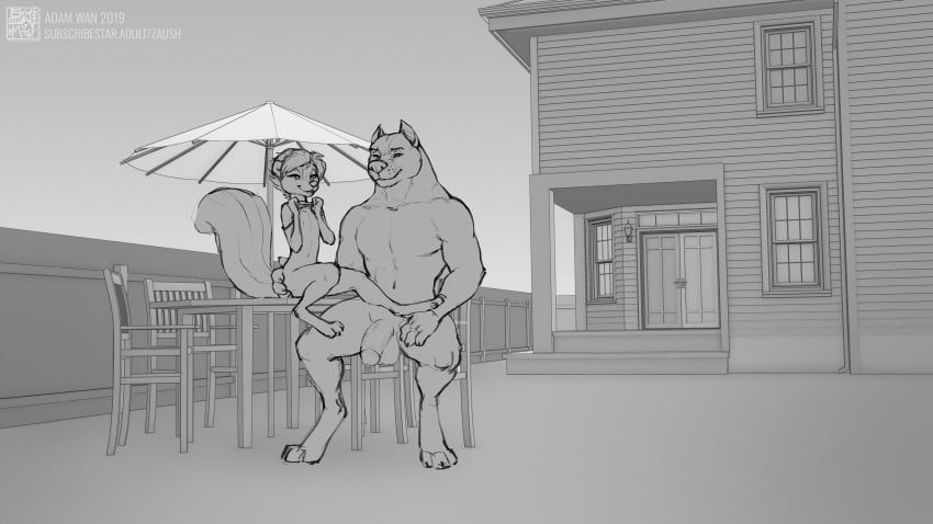 2019 adam_wan anthro balls big_penis canid canine canis domestic_dog female male male/female nude penis size_difference skunk skunk_girl zaush