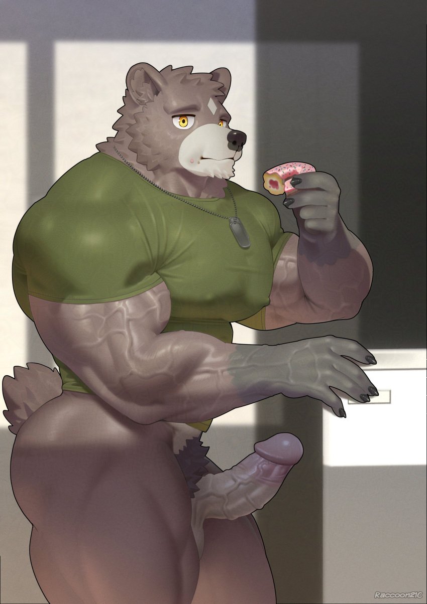2025 absurd_res anthro appliance ass balls barazoku bear biceps black_body black_finger_claws black_fur black_hair black_nose bottomless brown_bear brown_body brown_fur carmen_gracia clothed clothing december_twilight dessert doughnut eating eating_donut facial_markings food forearm_muscles forehead_markings fridge frosting frosting_on_face fur genitals glans gloves_(marking) green_clothing green_shirt green_topwear hair head_markings hi_res holding_doughnut holding_food holding_object inside jelly_(food) jelly_doughnut kitchen_appliance light male mammal markings multicolored_body multicolored_fur muscular muscular_anthro muscular_male muscular_thighs nipple_outline opening_door pastry penis pubes raccoon21 shirt small_tail solo sunlight tail tan_body tan_fur tight_clothing tight_shirt tight_topwear topwear triceps ursine vein veiny_muscles veiny_penis yellow_eyes