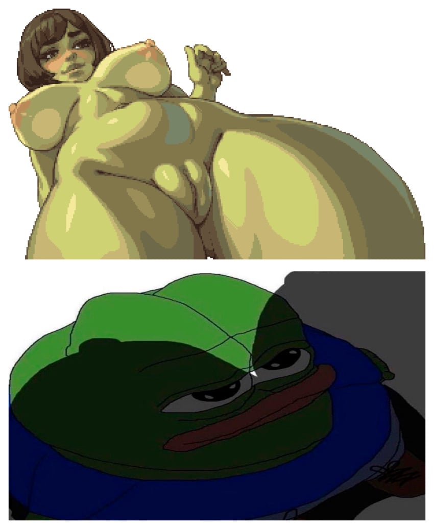 1boy 1girls big_breasts blush breasts female goblin goblin_female green_body green_skin large_breasts larger_female looking_down low-angle_view male meme navel nipples pepe_looking_up pepe_the_frog pixel_art pussy sasha_miu shadow simple_background smaller_male standing thick_thighs thighs white_background worm's-eye_view