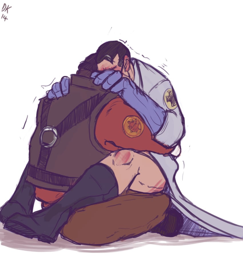 anal anal_sex boots bottomless clothed_sex dark-skinned_male dark_skin daskingu demoman demoman_(team_fortress_2) from_behind gay gay_sex labcoat male medic_(team_fortress_2) sitting_on_lap team_fortress_2 trembling upright_straddle yaoi