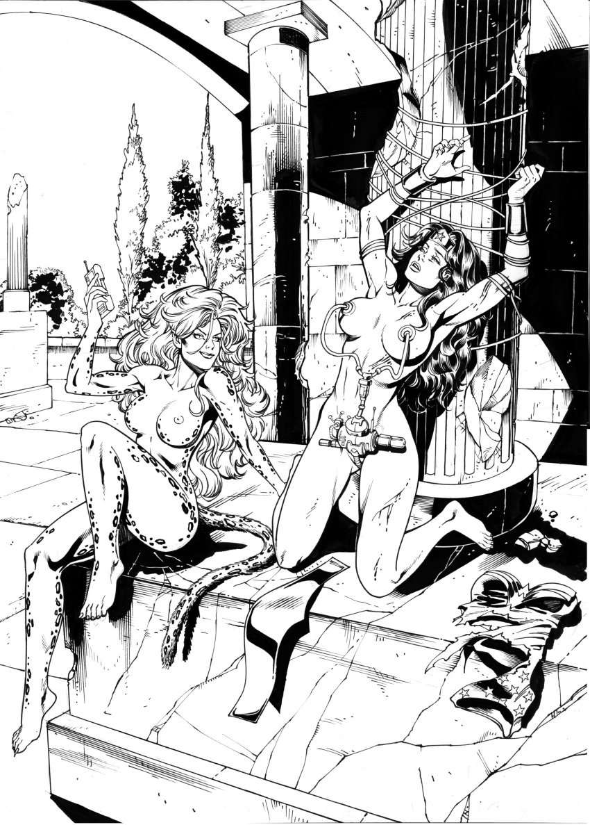 2girls big_breasts black_hair bondage breasts cheetah_(dc) dc_comics defeated defeated_heroine female female_only femdom femsub lezdom milking milking_machine nipples remote_control remote_control_vibrator rene_micheletti tied_up traditional_media_(artwork) vibrator wonder_woman wonder_woman_(series)